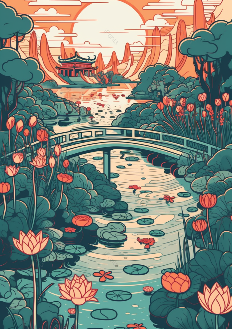 手绘荷花小溪桥梁唯美风景图,插画/手绘图,插画/手绘图库,插画/手绘图下载,插画/手绘